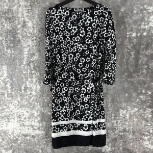 H&M Size 8 Floral Print 3/4 Sleeve Tie Knee Length Shift Dress Black White